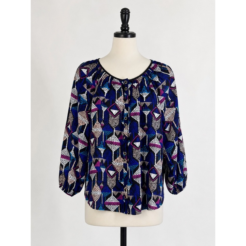 Yumi Kim Blouse Women Small Blue Geometric Silk Button Down Boho Chic Top
